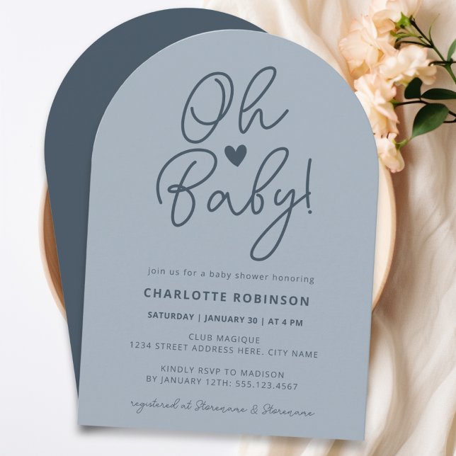 Oh Baby Minimalist Arch Dusty Blue Boy Baby Shower Invitation (Creator Uploaded)