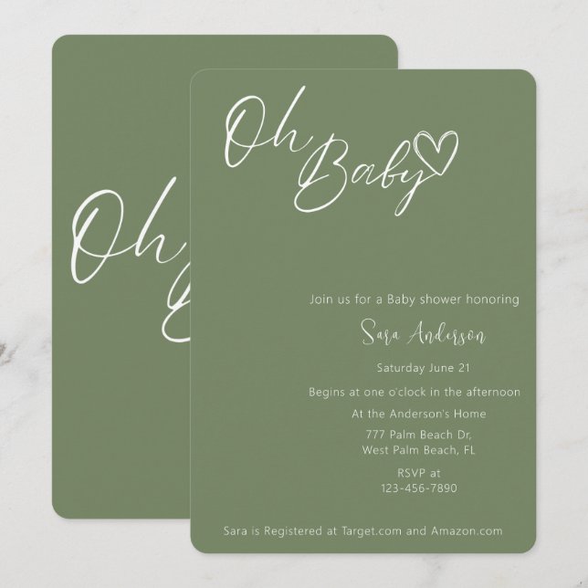 Oh Baby Minimalist Sage Green Baby Shower  Invitation (Front/Back)