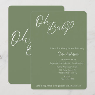 Oh Baby Minimalist Sage Green Baby Shower Invitation
