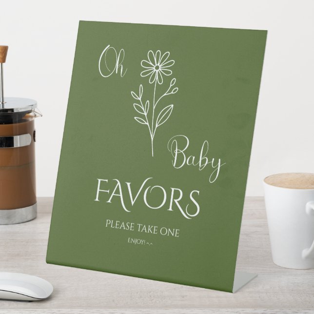 Oh Baby Minimalist Wildflower Baby Shower Favors Pedestal Sign (In SItu)
