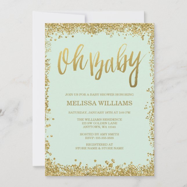 Oh Baby Mint Gold Glitter Baby Shower Invitation (Front)