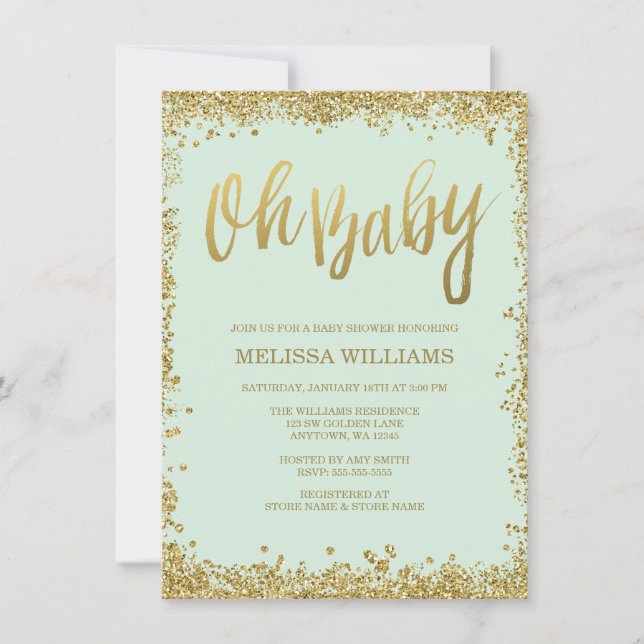 Oh Baby Mint Gold Glitter Baby Shower Invitation (Front)