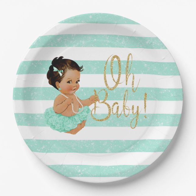 Oh Baby Mint Tutu Ballerina Stripes Gold Glitter P Paper Plate (Front)