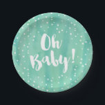 Oh Baby Mint Watercolor Baby Shower Paper Plate<br><div class="desc">Celebrate your baby shower with chic,  watercolor paper plates! The stylish paper plates feature a mint watercolor background,  white dots,  and modern brush font. Matching invitations,  stickers,  postage,  and party decor available.</div>