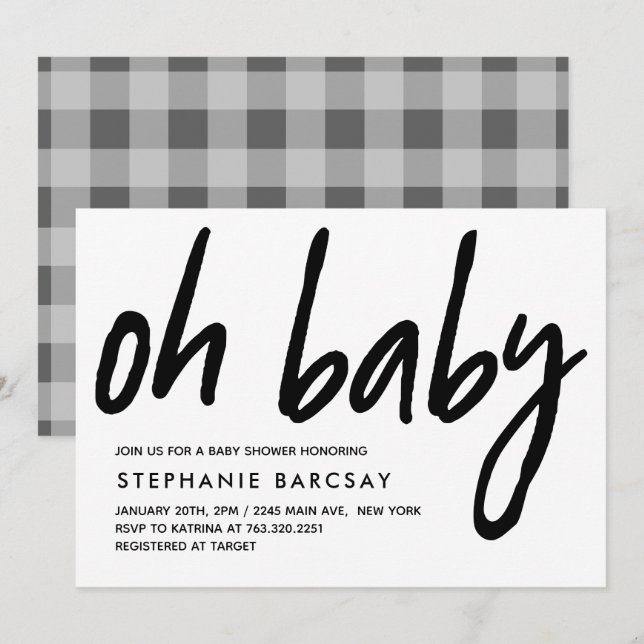 Oh Baby Modern Baby Shower Grey Gingham Invitation (Front/Back)