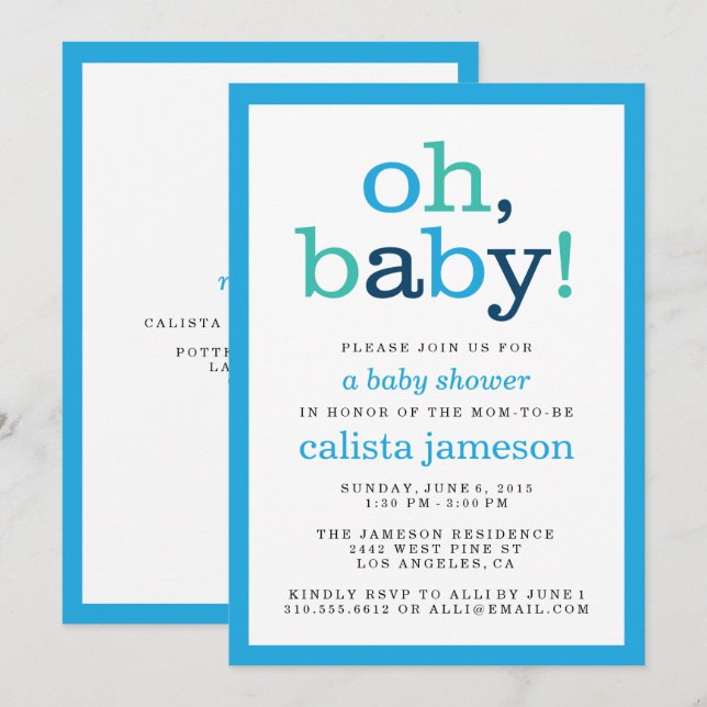 Oh Baby! Modern Blue Boy Baby Shower Invitations (Front/Back)