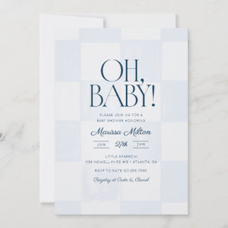 Oh Baby Modern Blue Checkered Baby Shower Invitation