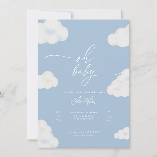 Oh Baby Modern Blue Cloud Baby Shower Invitation (Front)