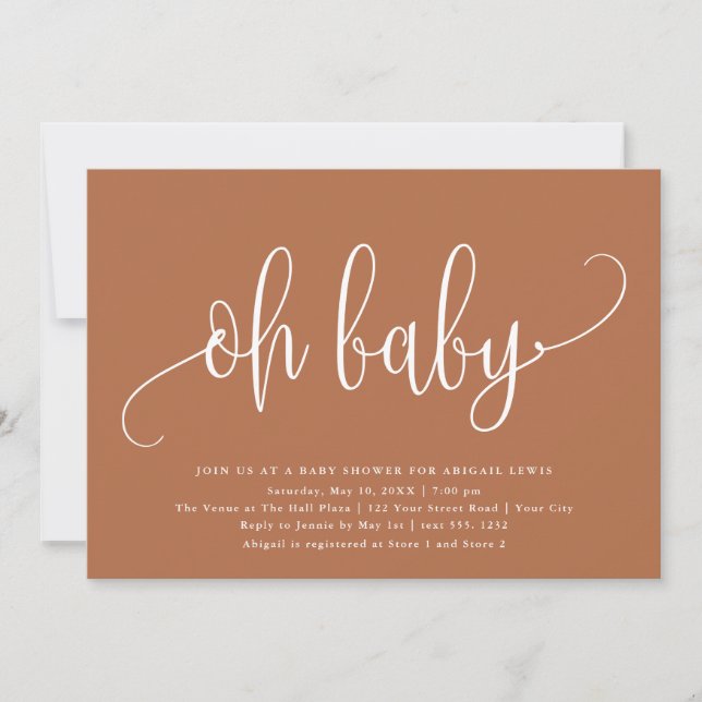 Oh Baby Modern Calligraphy Terracotta Baby Shower Invitation (Front)