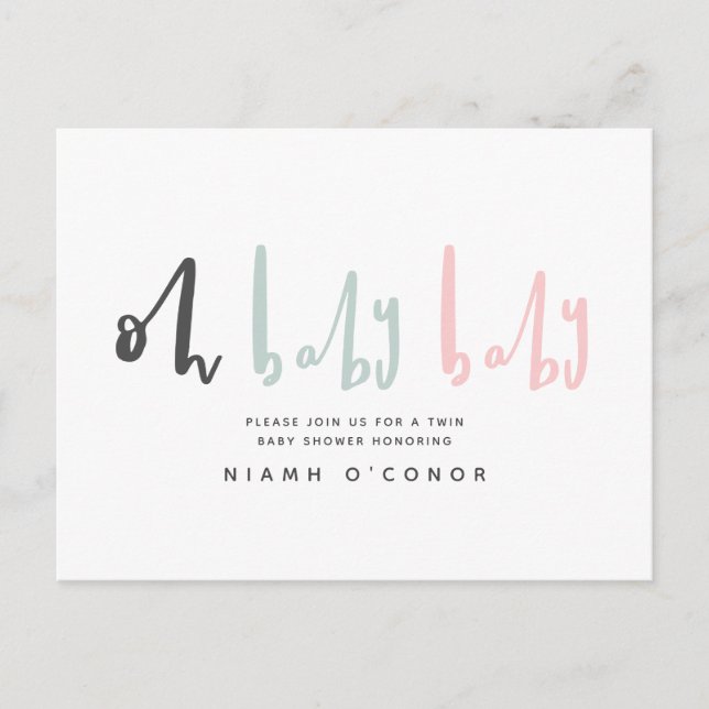Oh baby modern contemporary twin baby shower holiday postcard (Front)