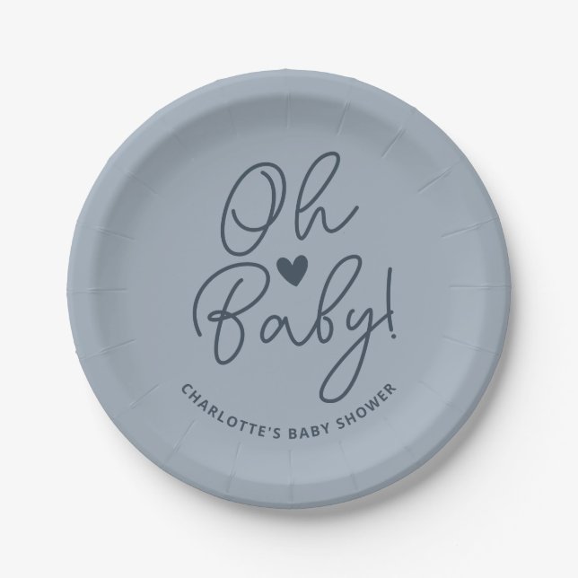 Oh Baby Modern Dusty Blue Boy Baby Shower Custom Paper Plate (Front)