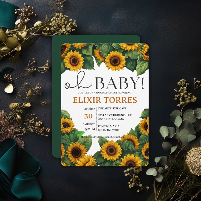 Oh Baby" Modern Elegant Sunflower Baby Shower Invitation (Creator Uploaded)