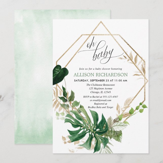 Oh baby modern geometric greenery baby shower invitation (Front/Back)