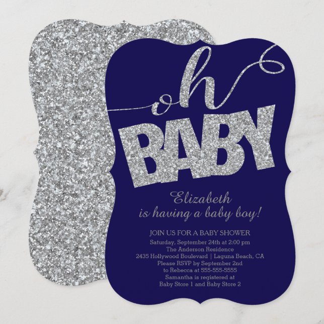 Oh Baby Modern Glitter Boys Baby Shower Invitation (Front/Back)