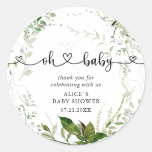 Oh Baby Modern Greenery Leaves Baby Shower Classic Classic Round Sticker