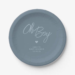 Oh Baby Modern Minimal Dusty Blue Boy Baby Shower Paper Plate