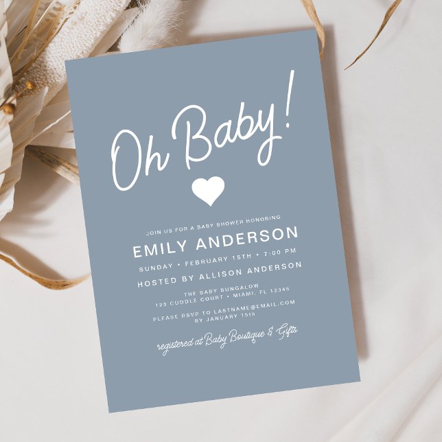 Oh Baby Modern Minimalist Dusty Blue Baby Shower  Invitation (Creator Uploaded)