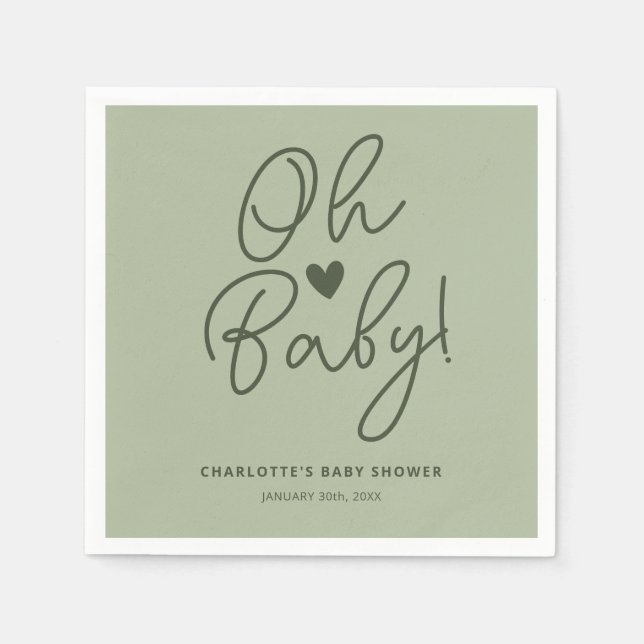 Oh Baby Modern Sage Green Baby Shower Custom Napkin (Front)