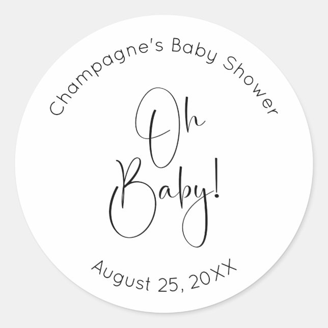Oh Baby Modern Script Baby Shower Classic Round Sticker (Front)