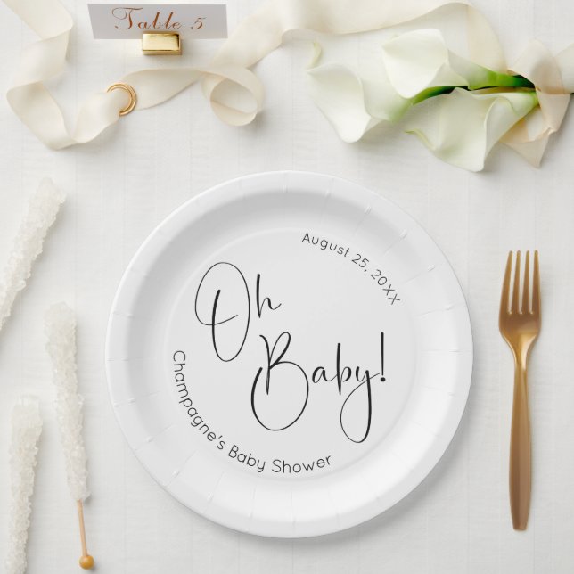 Oh Baby Modern Script Baby Shower Paper Plate (Wedding)