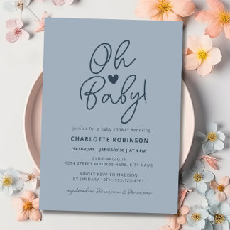 Oh Baby Modern Simple Dusty Blue Boy Baby Shower Invitation