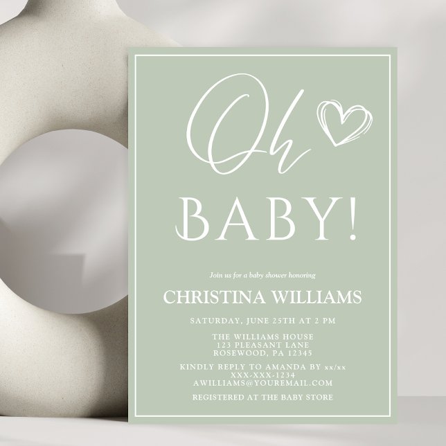 Oh Baby Modern Simple Sage Green Baby Shower Invitation (Creator Uploaded)