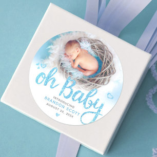 Oh Baby Modern Sweet Boy Birth Photo Turquoise Classic Round Sticker