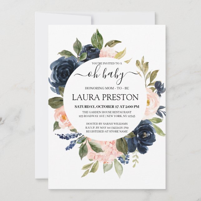 Oh Baby Navy and Blush Pink Script baby Shower Invitation (Front)