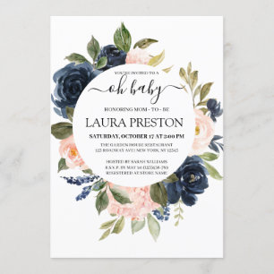 Oh Baby Navy and Blush Pink Script baby Shower Invitation