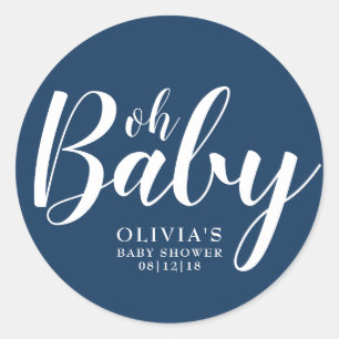Oh Baby - Navy Blue Baby Shower Classic Round Sticker