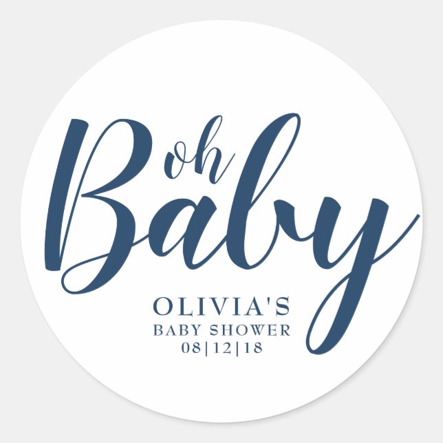 Oh Baby - Navy Blue Baby Shower Classic Round Sticker (Front)