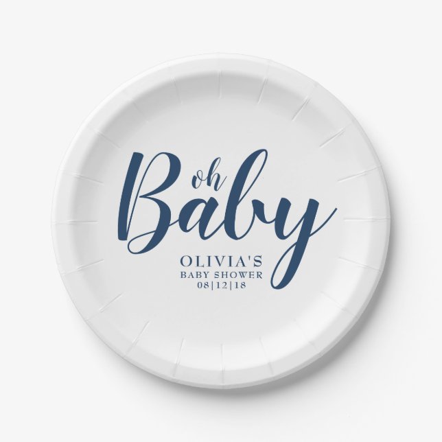 Oh Baby - Navy Blue Baby Shower Paper Plate (Front)