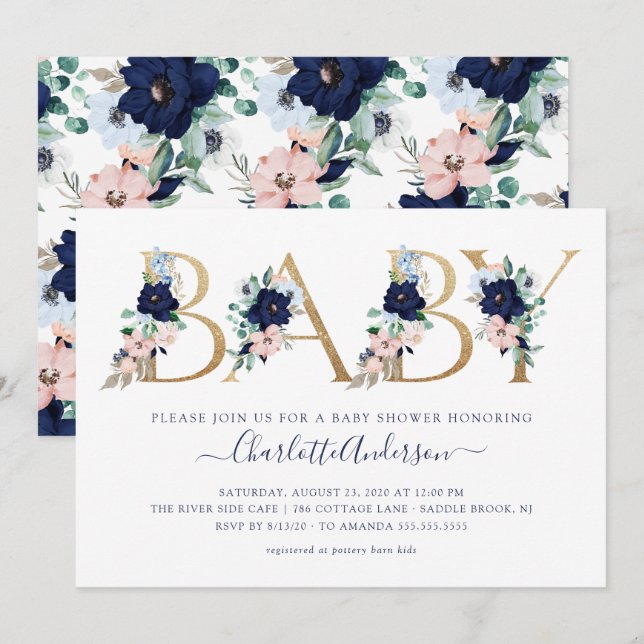 Oh Baby Navy Blue & Blush Floral Baby Shower Invitation (Front/Back)