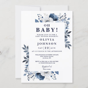 Oh Baby Navy Blue Floral All In One Baby Shower Invitation
