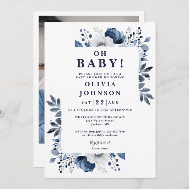 Oh Baby Navy Blue Floral Photo Baby Shower Invitation (Front/Back)