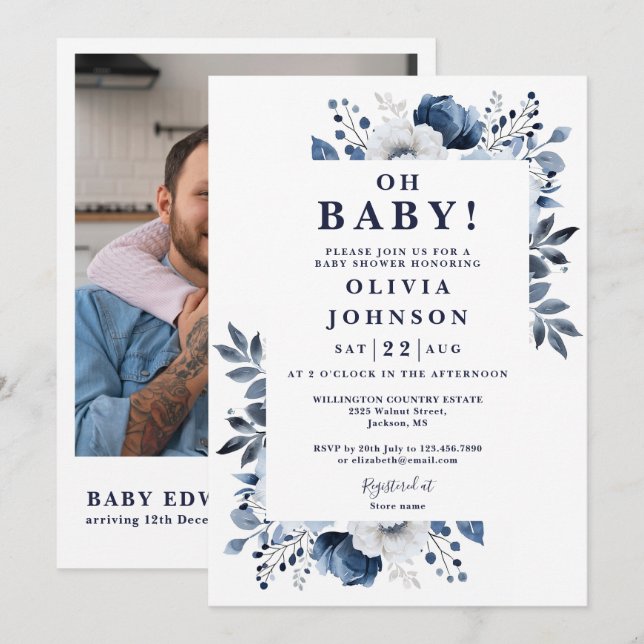 Oh Baby Navy Blue Floral Photo QR Baby Shower Invitation (Front/Back)
