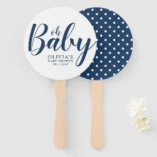 Oh Baby - Navy Blue Polka Dot Baby Shower Hand Fan