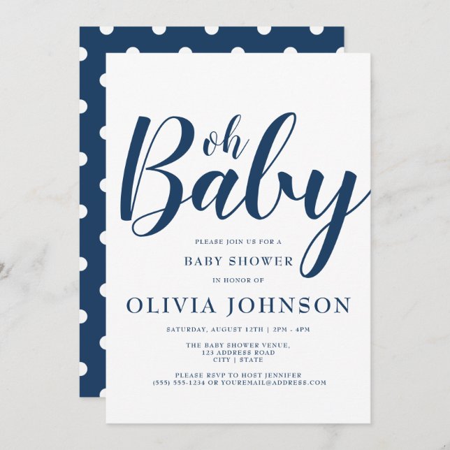 Oh Baby - Navy Blue Polka Dot Baby Shower Invitation (Front/Back)