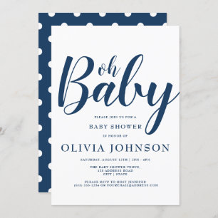 Oh Baby - Navy Blue Polka Dot Baby Shower Invitation