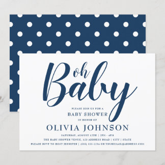 Oh Baby - Navy Blue Polka Dot Baby Shower Invitation