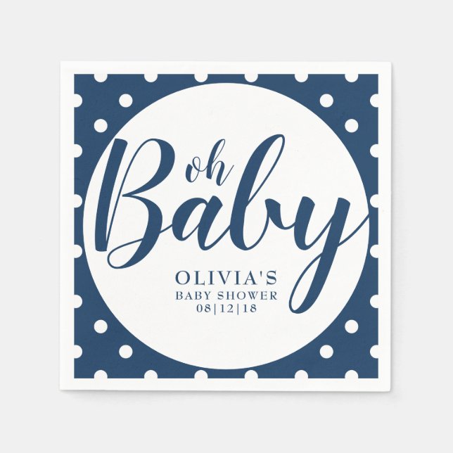 Oh Baby - Navy Blue Polka Dot Baby Shower Napkin (Front)