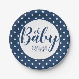 Oh Baby - Navy Blue Polka Dot Baby Shower Paper Plate