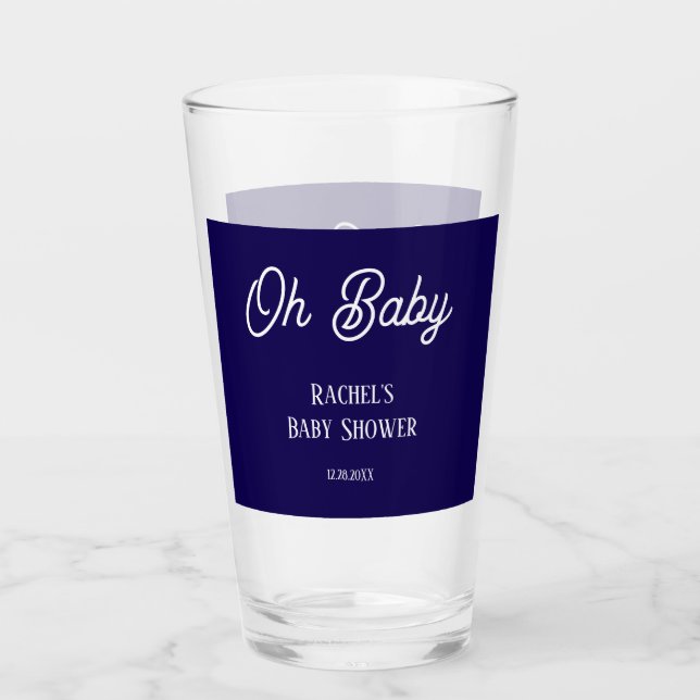 Oh Baby Navy Blue Script Baby Shower Gift Favour Glass (Front)