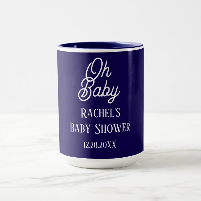 Oh Baby Navy Blue Script Baby Shower Gift Favour Mug (Center)