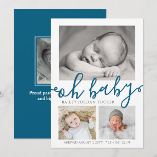 Oh Baby Navy Blue Script Collage Photo Birth Announcement