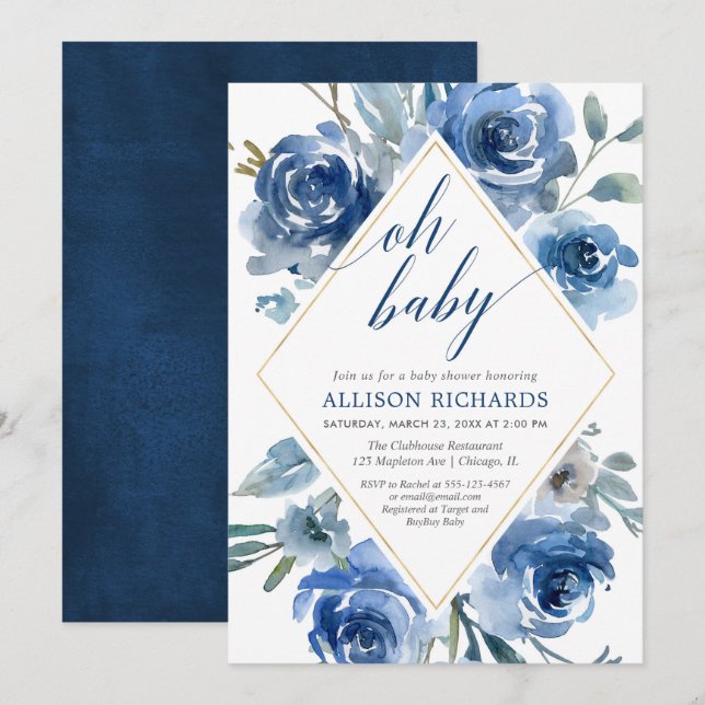 Oh baby navy blue white floral boy baby shower invitation (Front/Back)