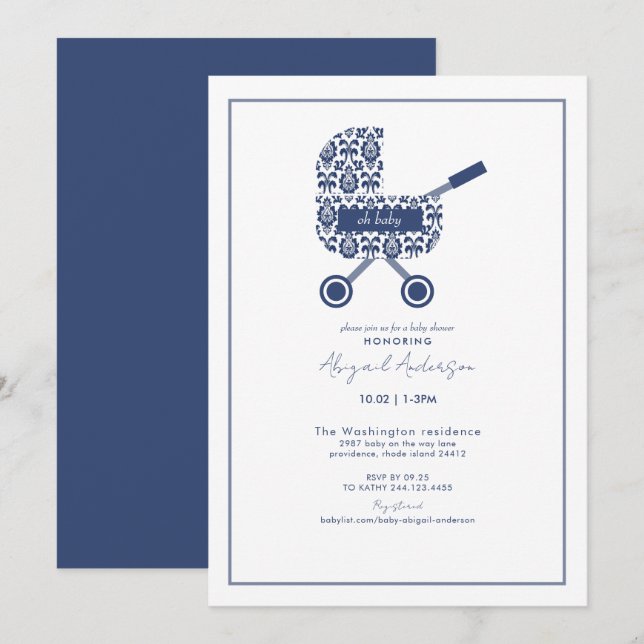 Oh Baby Navy Damask Pram Baby Shower Invitation (Front/Back)