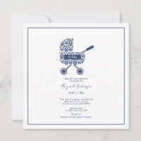 Oh Baby Navy Damask Pram Baby Shower Square