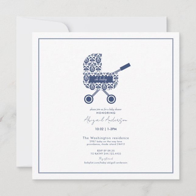 Oh Baby Navy Damask Pram Baby Shower Square Invitation (Front)