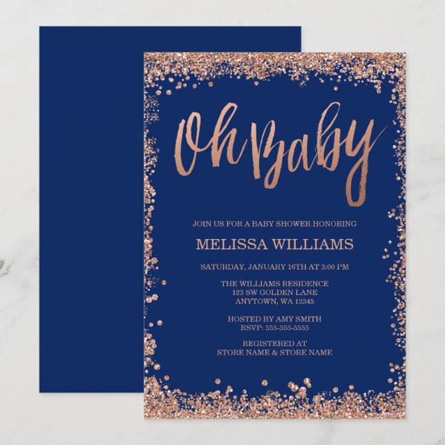 Oh Baby Navy Faux Rose Gold Glitter Baby Shower Invitation (Front/Back)